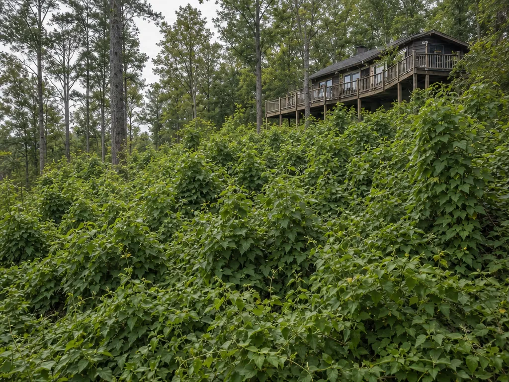 Day 1: a steep backyard slope below a deck, overgrown with brush and poison ivy