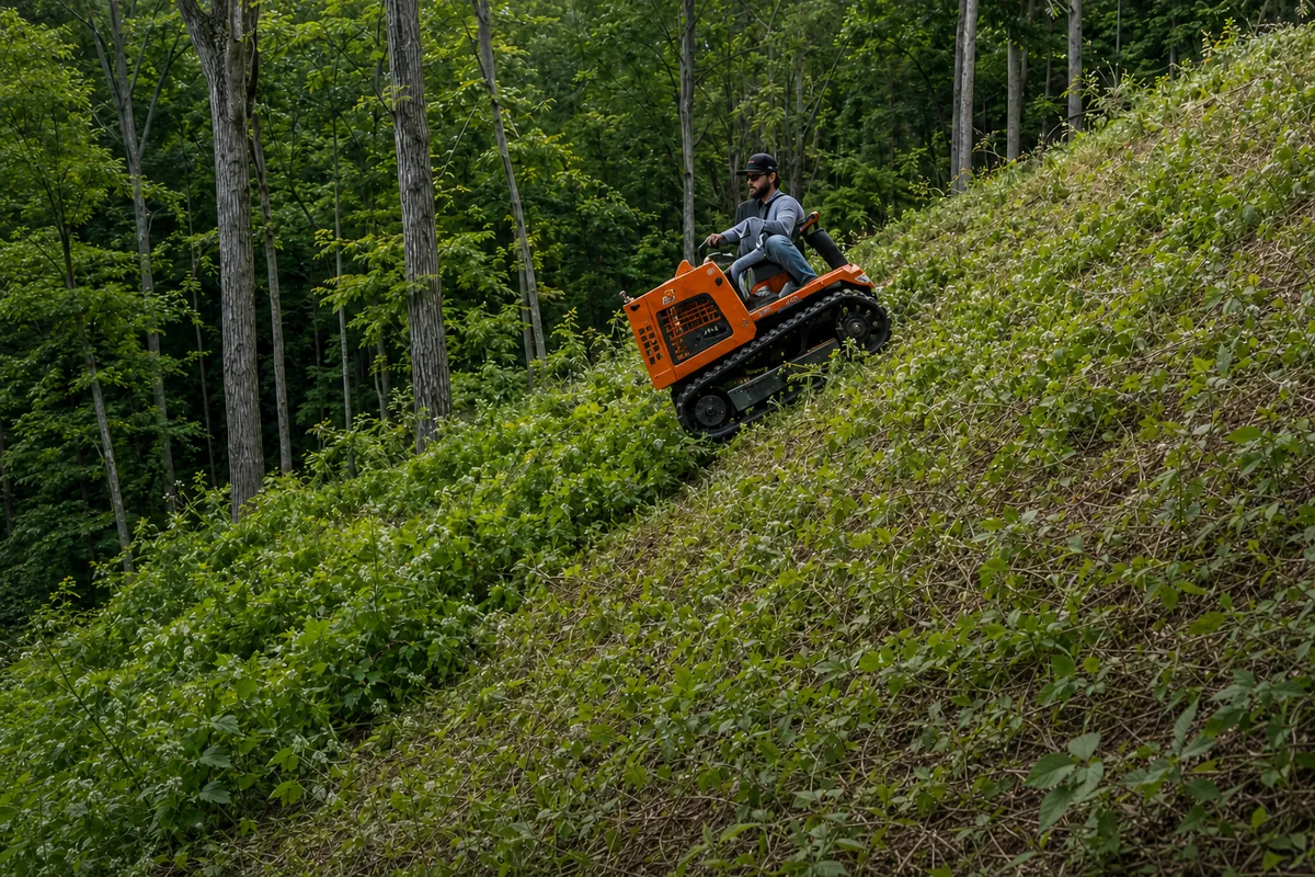 A ride-on mower struggling on a steep, overgrown wooded slope