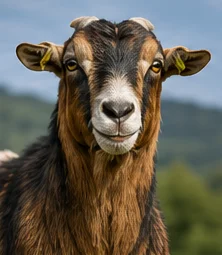 Biscuit, Brown and black goat looking straight at the camera