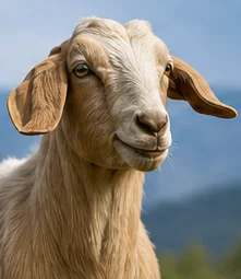 Pam, Tan goat with long ears in front of the mountains