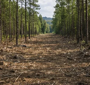 A cleared fire break strip running through a pine forest