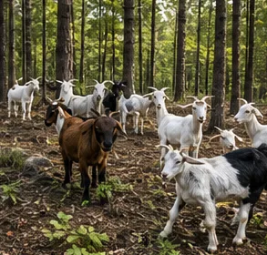 A mixed herd of goats grazing an open wooded lot