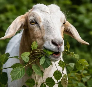 A white goat chewing a mouthful of invasive leaves