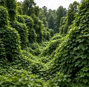 Kudzu vines blanketing trees along a Blue Ridge hillside