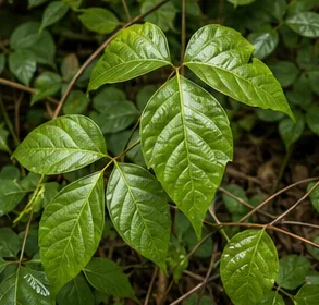 Close-up of glossy three-leaf poison ivy on a forest floor