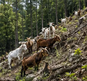 Goats browsing brush on a steep wooded slope