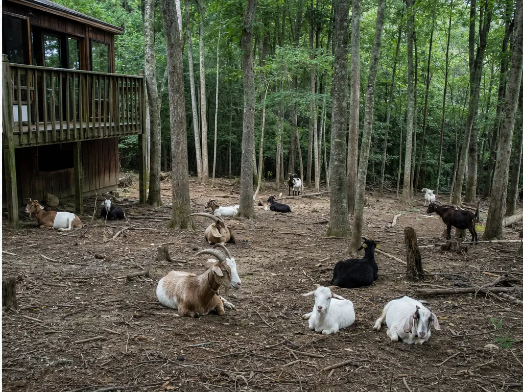 Day 5: the same property line browsed open under the trees with goats resting in the shade