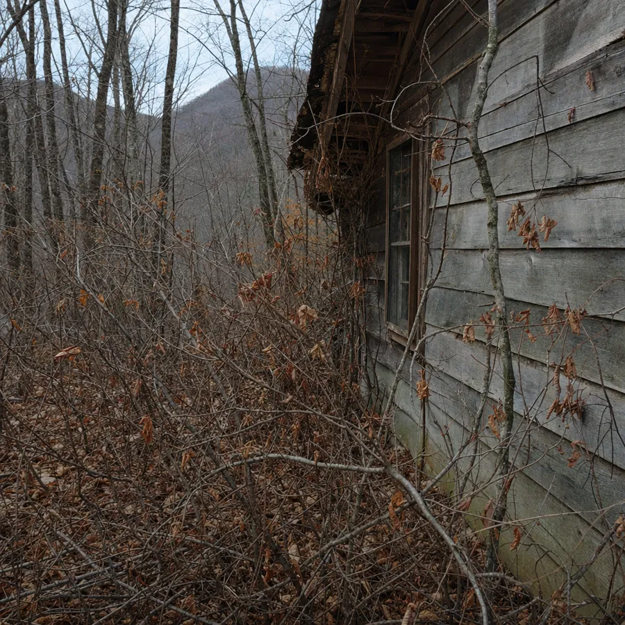 Close-up of dense dry brush, vines and low dead branches crowding the base of trees near a house