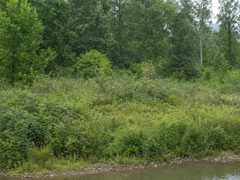 Day 1: a neighborhood common area and pond bank buried in brush and brambles