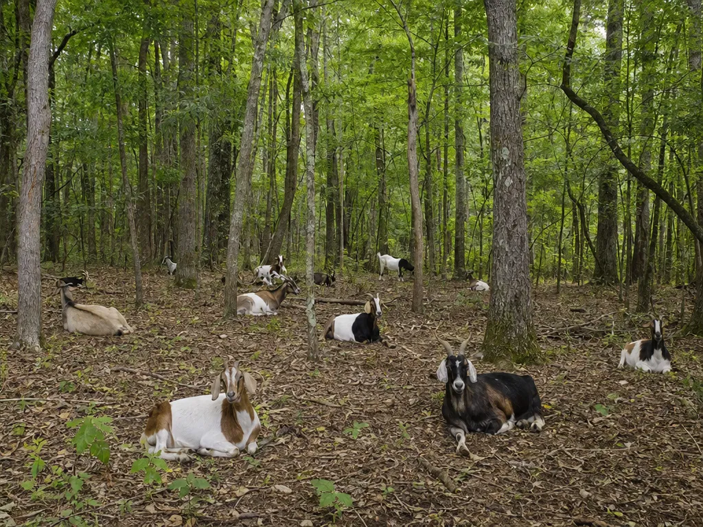 Day 5: the same field edge browsed open to bare stems and tree trunks with goats resting
