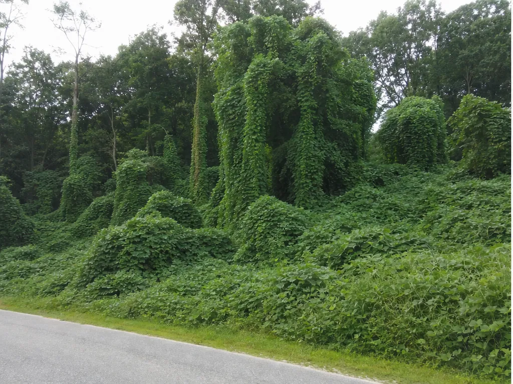 Day 1: a hillside and tree line buried under a solid blanket of kudzu