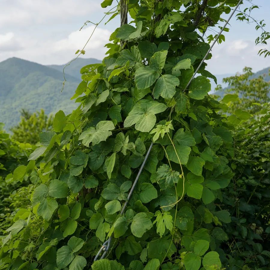 Close-up of broad three-part kudzu leaves and twisting vines smothering a small tree