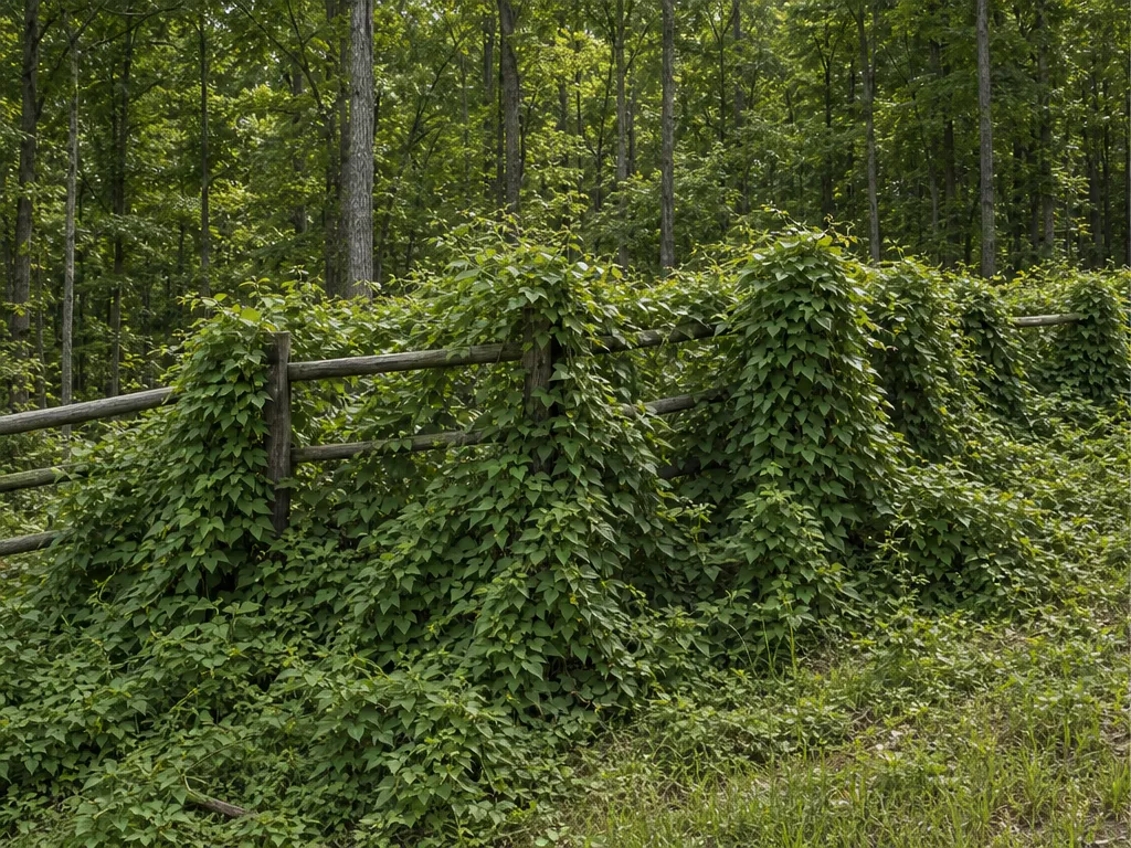 Day 1: a wooded split-rail fence line smothered in poison ivy