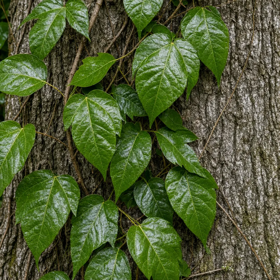 Glossy three-leaf poison ivy vines climbing a tree trunk