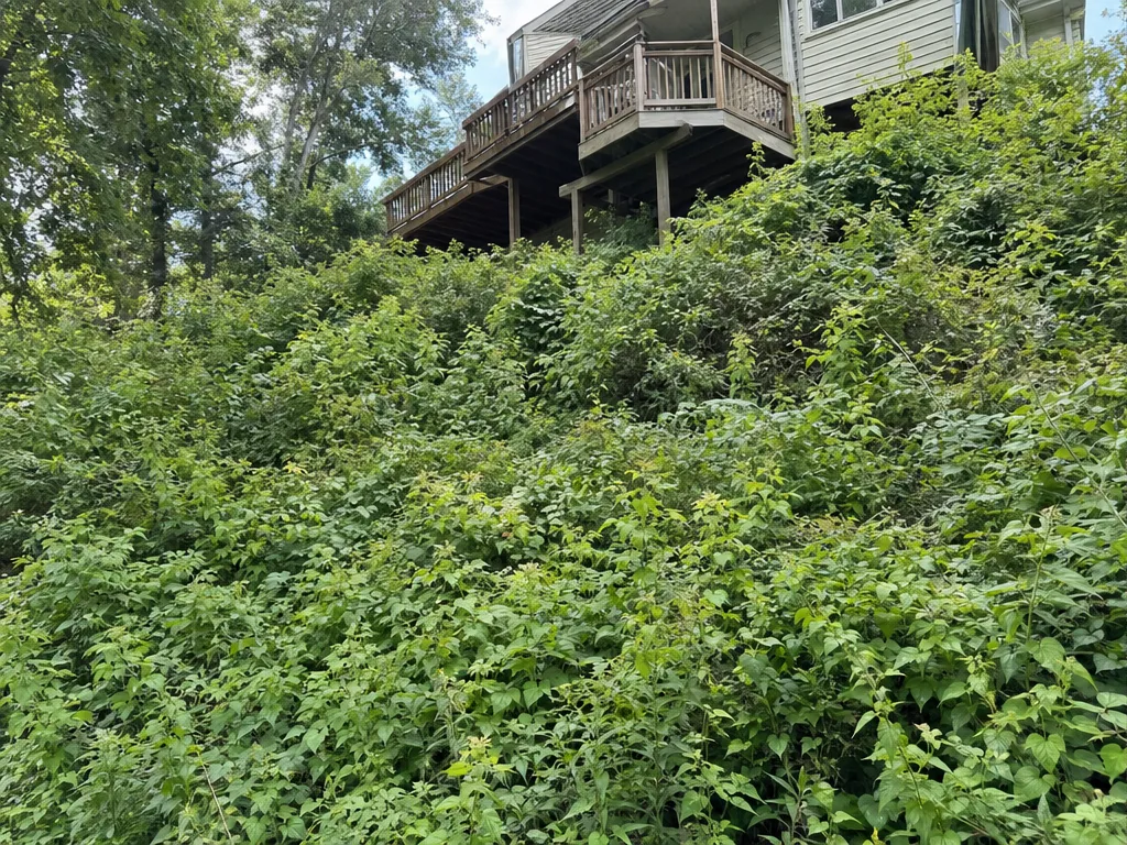 Day 1: a steep backyard slope below a deck, overgrown with head-high brush and vines